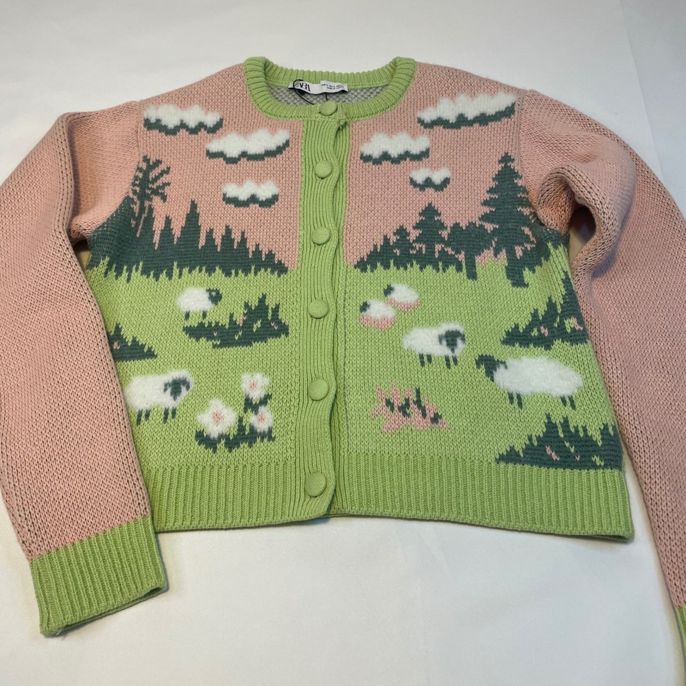 ZARA Women's Knit Jacquard Fuzzy Sheep Landscape Cardigan Pink Green Size S‎ - Picture 9 of 16